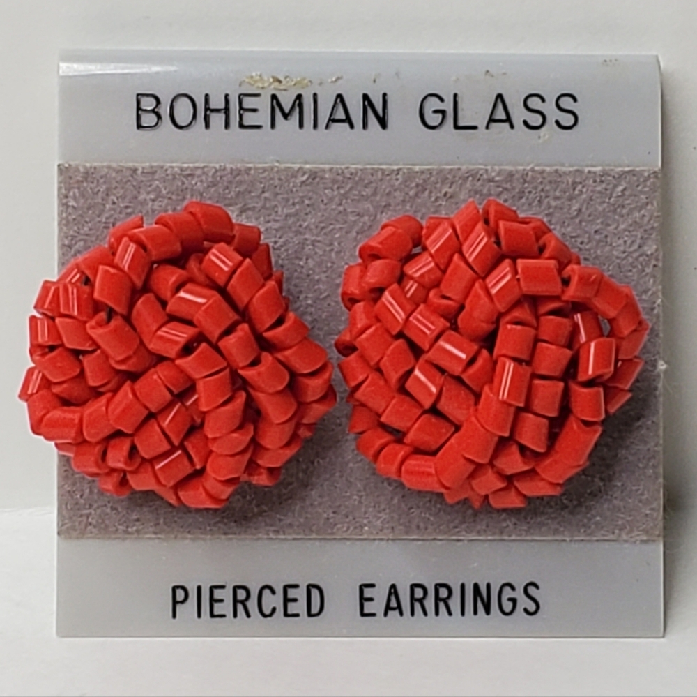 Bohemian Glass Red Seed Bead Post Earrings Statement Throwback Party 80's Retro